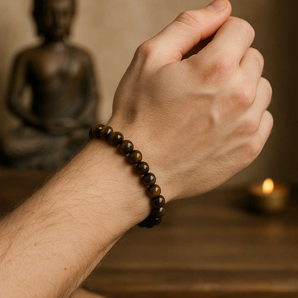 Hand wearing a beaded bracelet with a blurred background featuring a statue and candle.