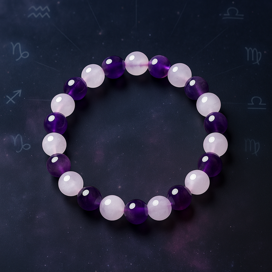 Purple and white beaded bracelet on a dark background with astrological symbols.