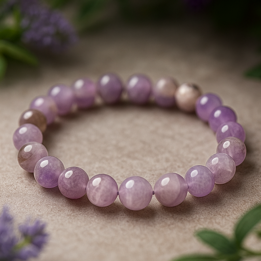 Purple beaded bracelet on a neutral surface with blurred purple flowers in the background