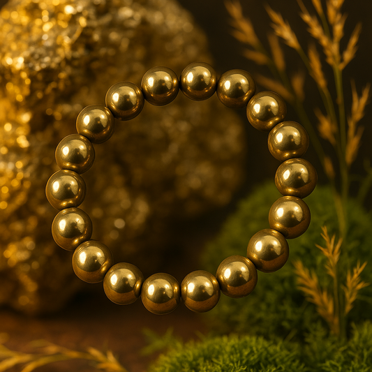 Gold beaded bracelet on a natural background with rocks and plants