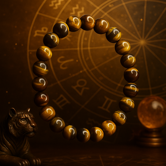 Gold beaded bracelet on a dark background with astrological symbols
