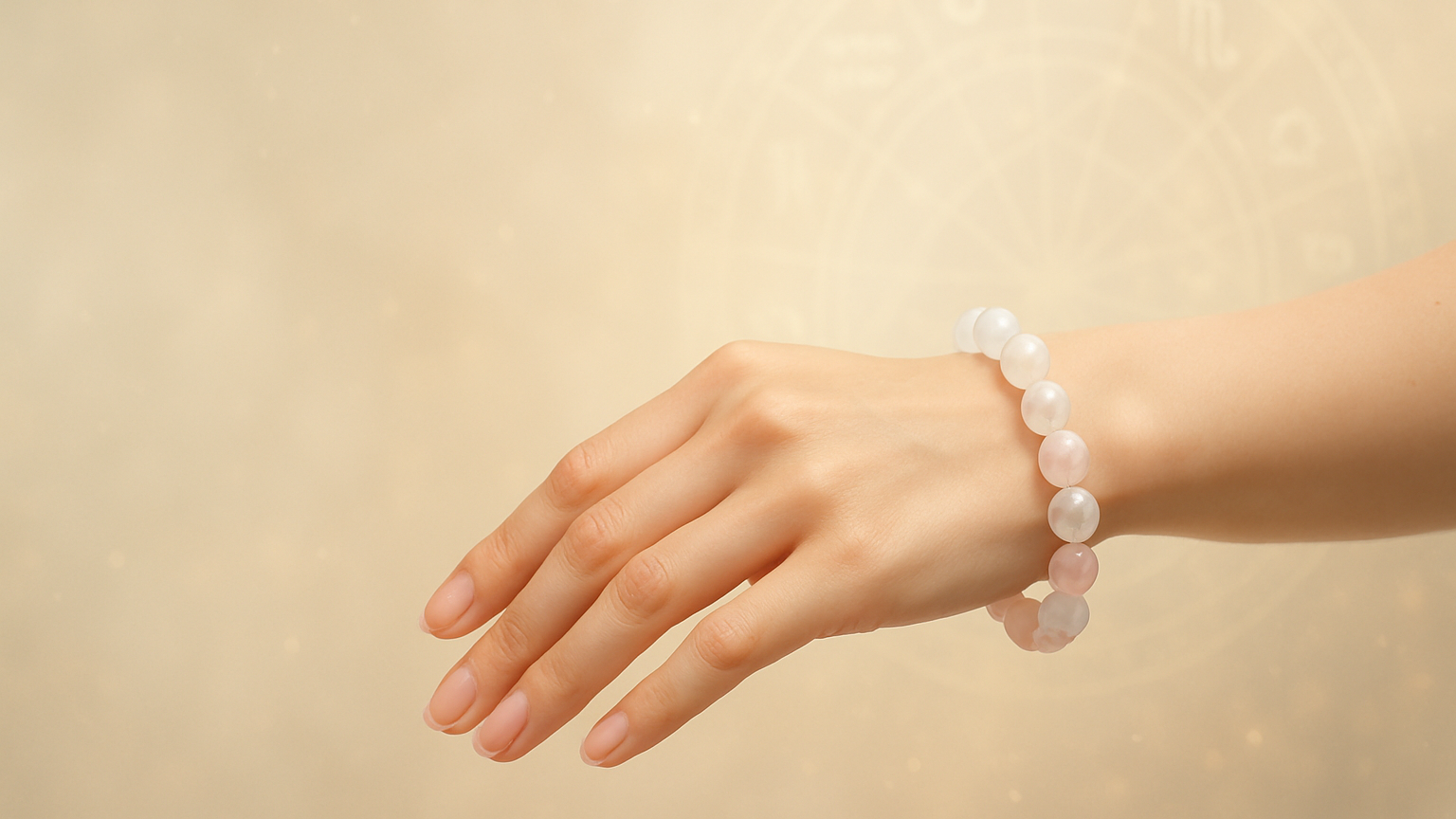 Hand wearing a pearl bracelet on a beige background